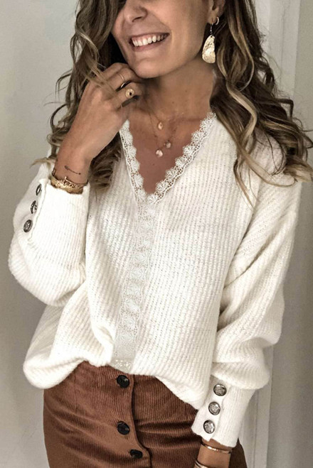 White Lace V Neck Knitted Pullover Sweater
