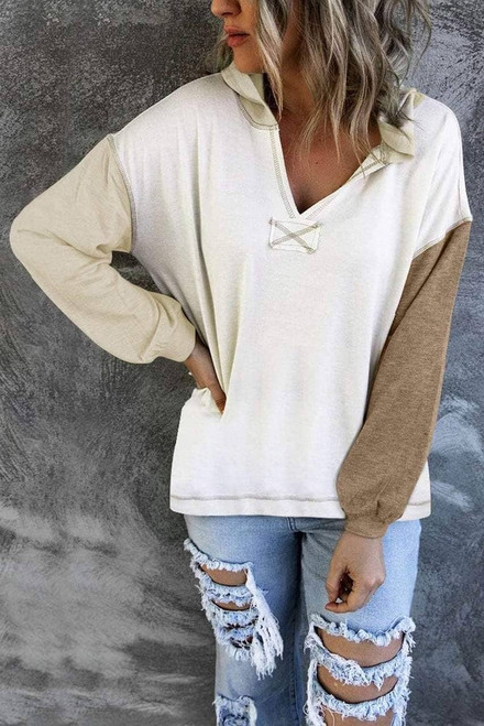 Khaki & Black Colorblock V Neck Long Sleeve Hoodie
