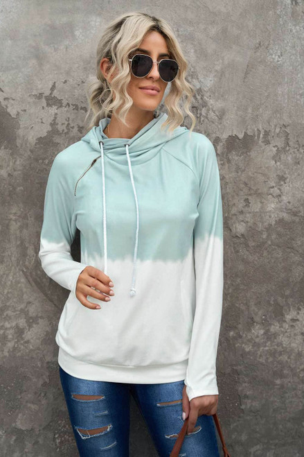 Sky Blue Colorblock Drawstring Zipper Hoodie with Pockets