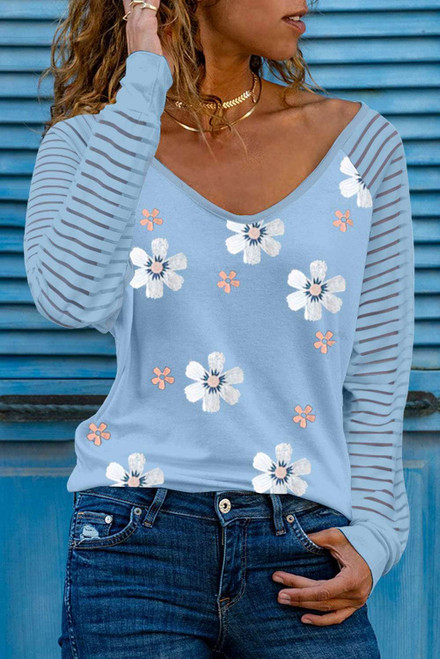 Sky Blue Daisy Print Mesh Patchwork Long Sleeve Top