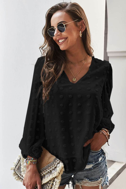 Black Swiss Dot Bubble Sleeve Blouse