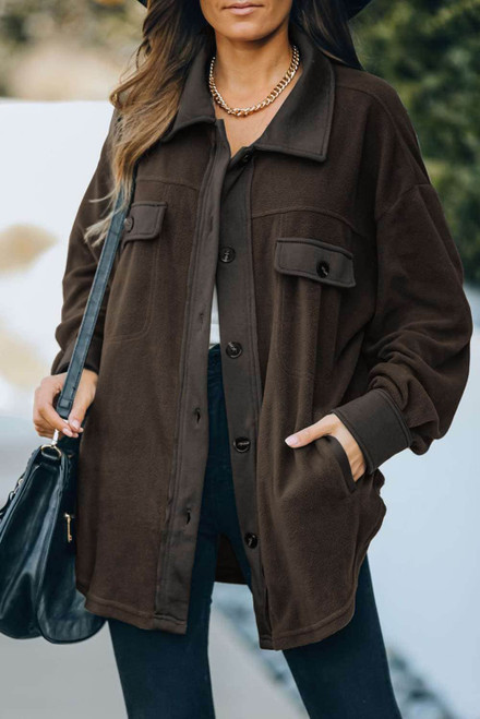 Brown Turn Down Collar Buttoned Shirt Jacket