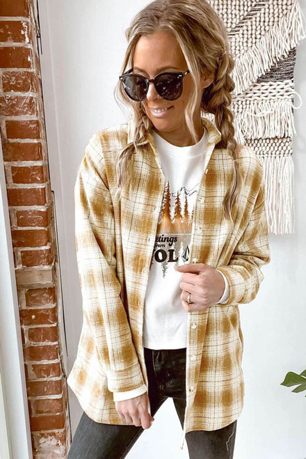 Yellow Turnd-down Collar Plaid Shirt