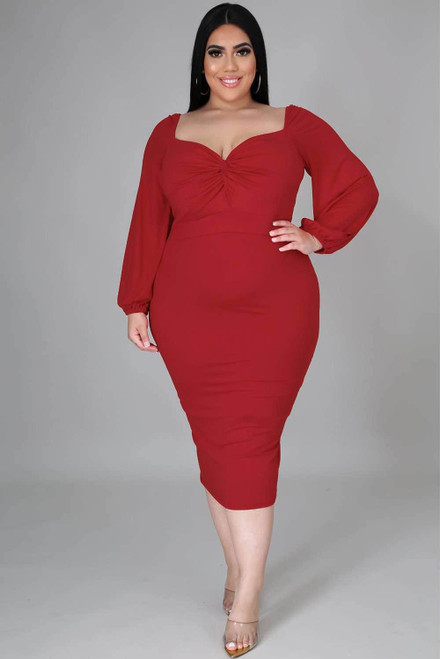 Red Long Sleeve Front Knot Plus Size Midi Dress