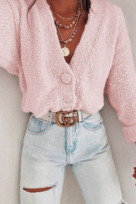 Pink V Neck Buttoned Open Front Sweater