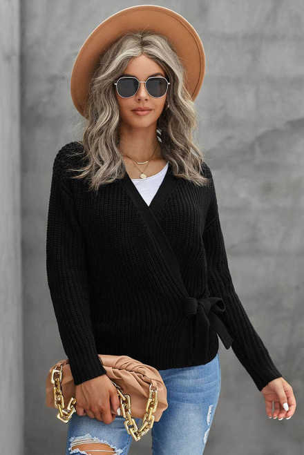 Black Wrap V Neck Sweater with Side Tie