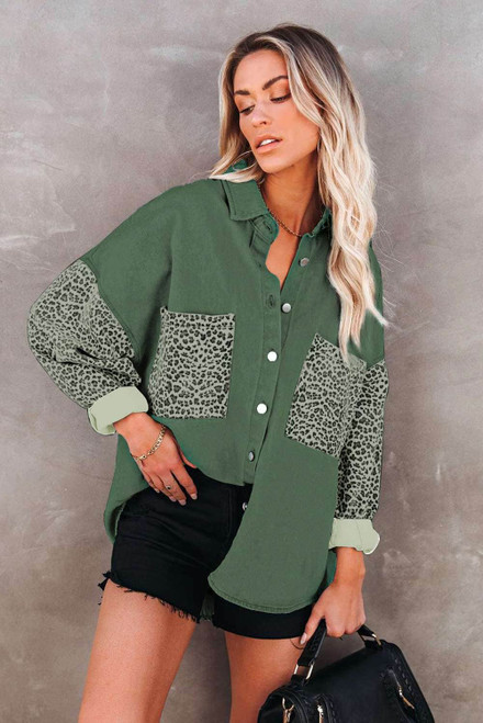 Green Contrast Leopard Denim Jacket