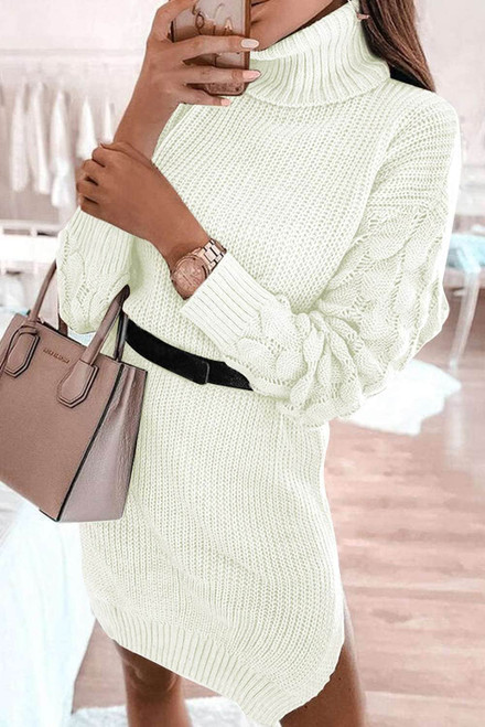 White Plain Turtleneck Sweater Dress with Slits