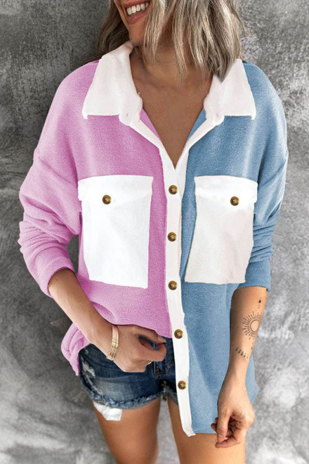 Multicolor Colorblock Fleece Pockets Buttoned Shirt