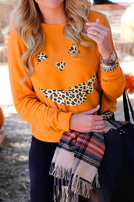 Orange Halloween Leopard Pumpkin Print Pullover Sweatshirt