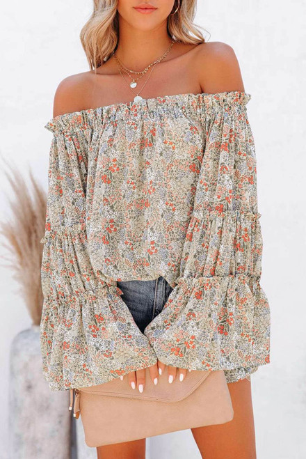 Floral Print Off The Shoulder Ruffled Bell Sleeve Blouse