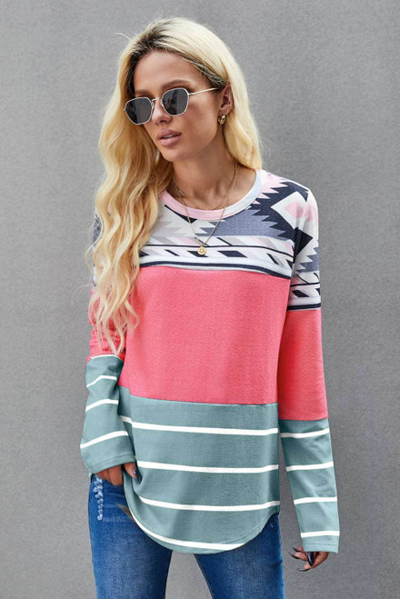 Pink Tribal Striped Long Sleeve T-shirt