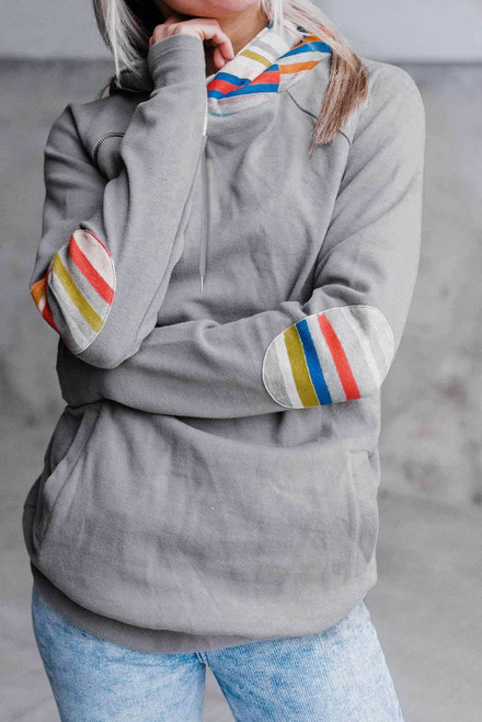 Rainbow Color Stripe Print Elbow Patch Hoodie