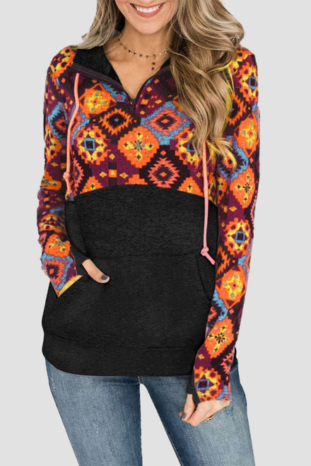 Black Boho Print Color Block Patchwork Zip Collar Sweatshirt