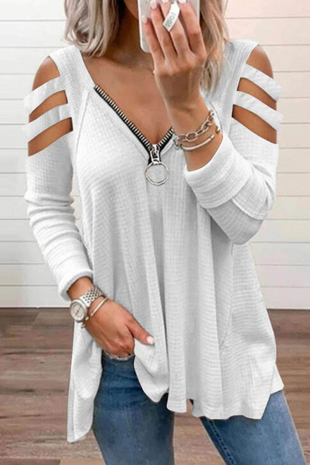 White Zip Neck Cut-out Waffle Knit Long Sleeve Top