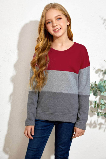 Black Leopard Print Colorblock Kids Long Sleeve Top Red/Gray/Orange Colorblock Kids Long Sleeve Top