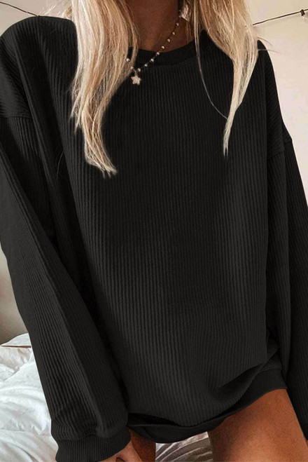 Black Crew Neck Ribbed Oversized Sweatshirt