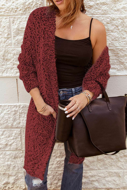 Red Fuzzy Knit Cardigan with Pockets