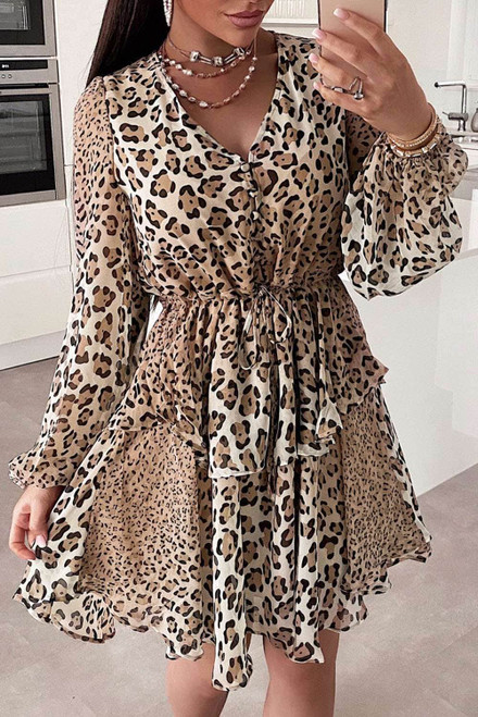 Brown Leopard Buttoned Tie Waist Ruffle Puff Sleeve Mini Dress