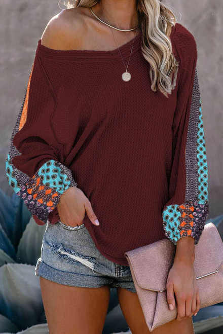 Burgundy Pattern Print Splicing Waffle Knit Blouse Burgundy Pattern Print Splicing Waffle Knit Blouse