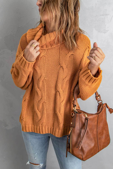 Yellow Solid Turtleneck Cable Knit Pullover Sweater Yellow Solid Turtleneck Cable Knit Pullover Sweater