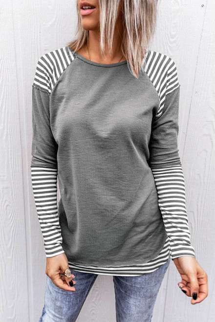 Gray Striped Raglan Long Sleeve Top