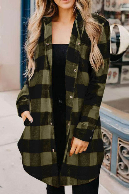 Green Turn-down Collar Plaid Shirt Coat