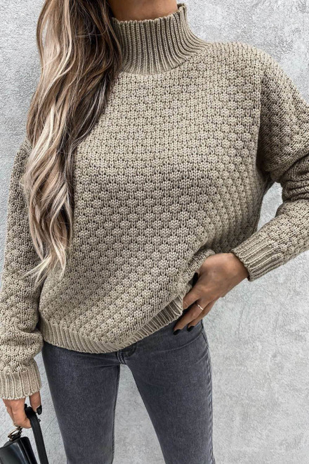 High Neck Drop Shoulder Textured Knit Sweater