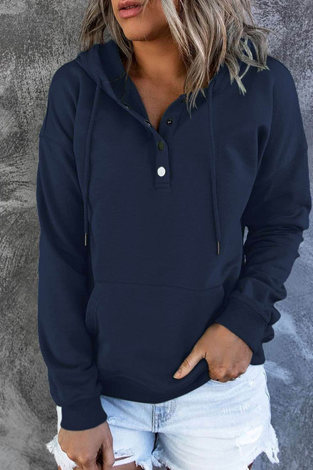 Blue Snap Button Pullover Hoodie with Pocket