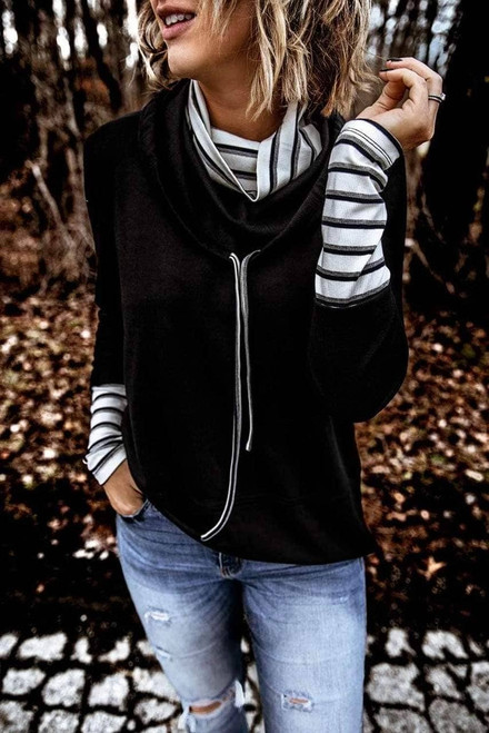 Striped Splicing High Neck Sweatshirt Striped Splicing High Neck Sweatshirt