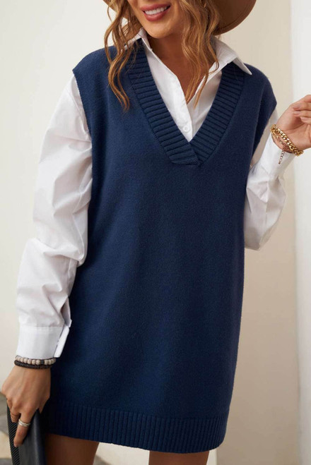 Dark Blue Knit Vest Pullover Sweater