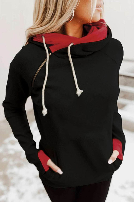 Black Colorblock Side Zipper Double Hood Sweatshirt