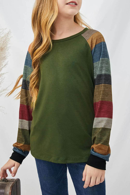 Green Striped Color Block Girl’s Long Sleeve Top Green Striped Color Block Girl’s Long Sleeve Top
