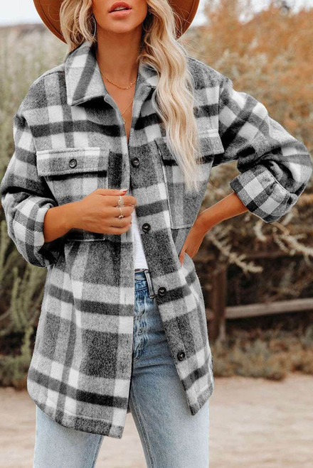 Black Plaid Print Pocket Women Shacket