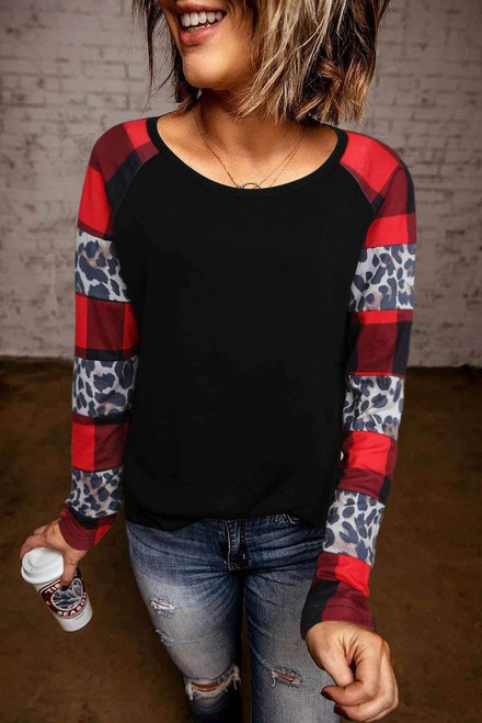 Black Off Shoulder Plaid&Leopard Print Long Sleeve Top