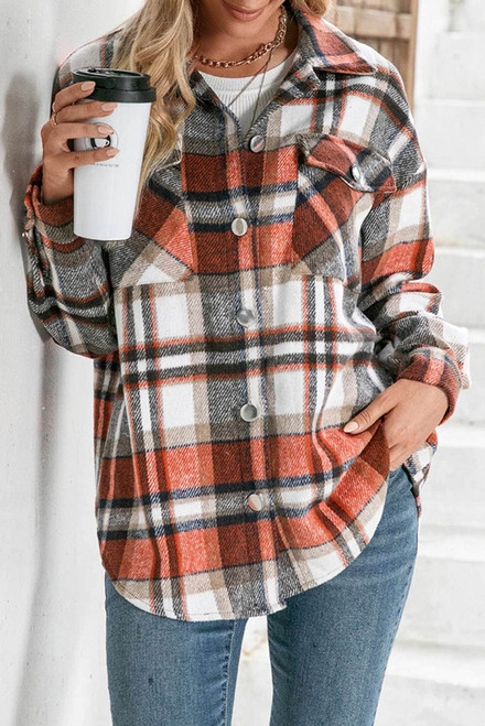 Orange Chest Pockets Flannel Plaid Shirt