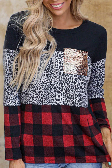 Leopard Plaid Splicing Sequin Pocket Long Sleeve Top