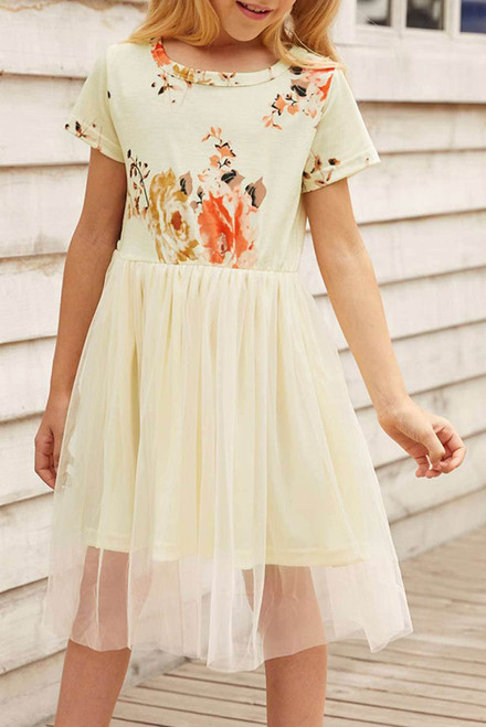 Short Sleeves Floral Bodice Empire Waist Kids' Tulle Dress
