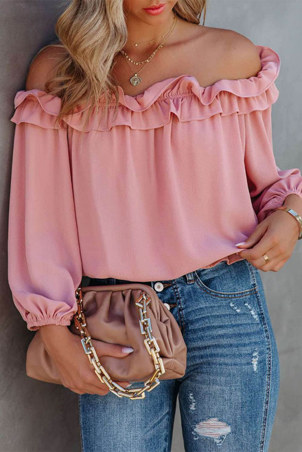 Pink Puff Sleeve Ruffled Off Shoulder Blouse