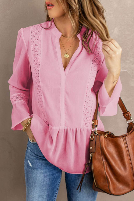 Pink Lace Ruffed 3/4 Sleeve V Neck Shirt