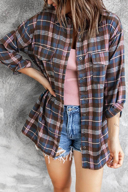 Brown Pocket Buttons Long Sleeve Plaid Shirt