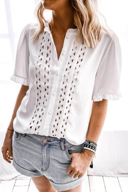 White Frilled Hollow-out Short Sleeve Shirt