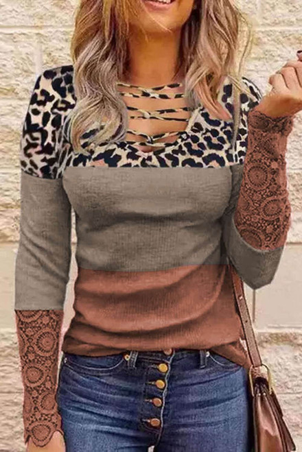 Brown Lace Splicing Hollow-out Leopard Color Block Top