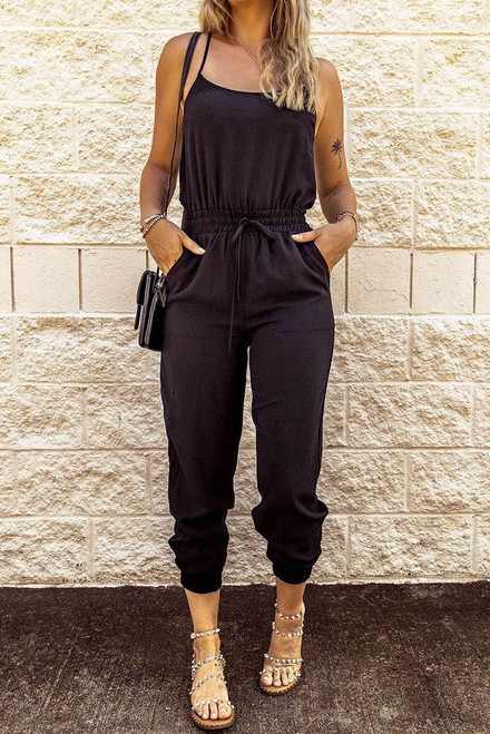 Black Drawstring Waist Spaghetti Straps Jumpsuit Black Drawstring Waist Spaghetti Straps Jumpsuit