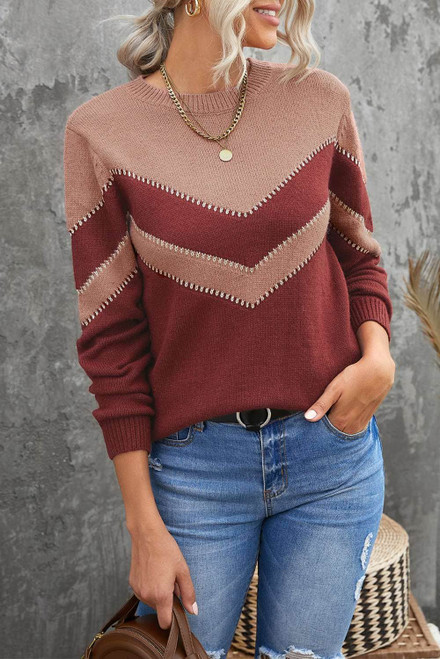 Brown Chevron Colorblock Crew Neck Sweater