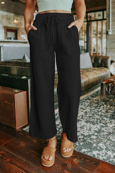 Black Drawstring Waist Crinkled Wide Leg Pants