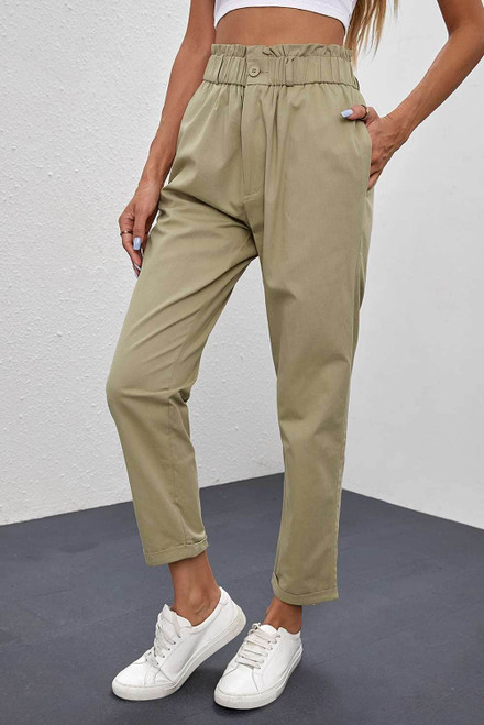 Khaki High Rise Paper Bag Waist Pocketed Casual Pants