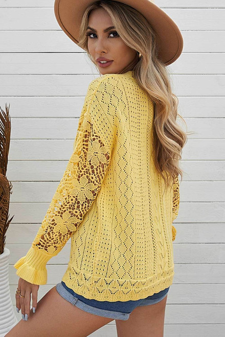 Yellow Crochet Lace Pointelle Knit Sweater