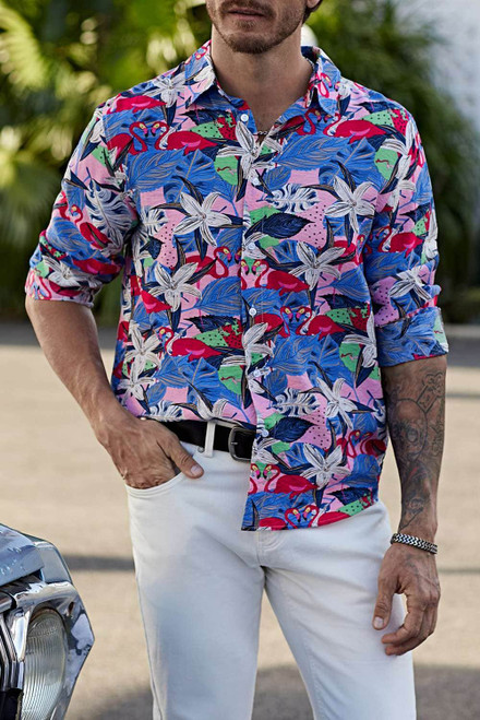 Pink Men's Buttons Long Sleeve Floral Print Shirt