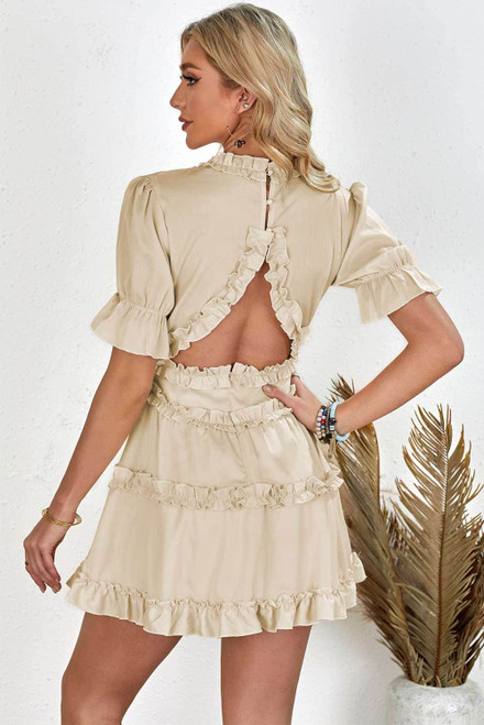 Beige Ruffled V Neck Puff Sleeve Hollow-out Back Swing Short Dress
